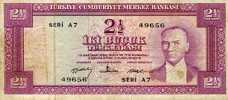 Turkey 2 1/2 Lirasi Pick Number: 153a VG (See large scan) Banknote