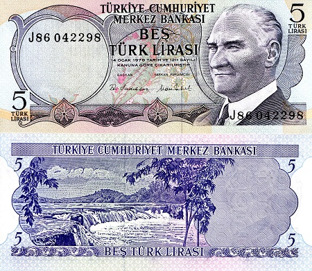Turkey 5 Lira Pick Number: 185 UNC Banknote