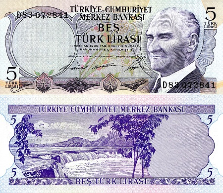Turkey 5 Lirasi Pick Number: 179b UNC Banknote