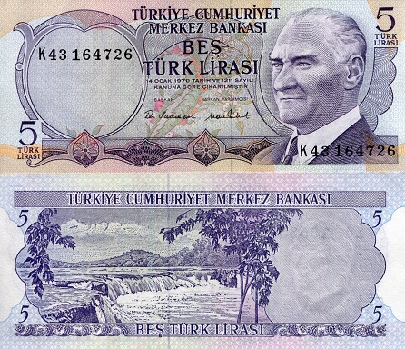 Turkey 5 Lirasi Pick Number: 185 aUNC (minor corner issue) Banknote