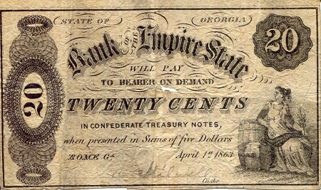 USA - Fractional Currency 20 Cents Pick Number: unknown Poor (See large scan) Center Hole Banknote