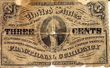 USA - Fractional Currency 3 Cents Pick Number: 105a (I believe) G/Fair (Center Hole See large scan) Banknote