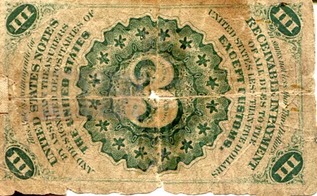 USA - Fractional Currency 3 Cents G/Fair (Center Hole See large scan) pick #: 105a (I believe)