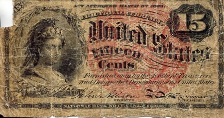 USA - Fractional Currency 15 Cents Pick Number: 116c (?) G/Poor (Piece missing) Banknote