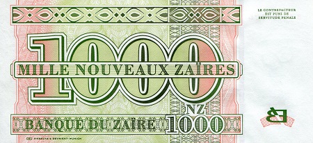 Zaire 1,000 Zaires aUNC pick #: 67