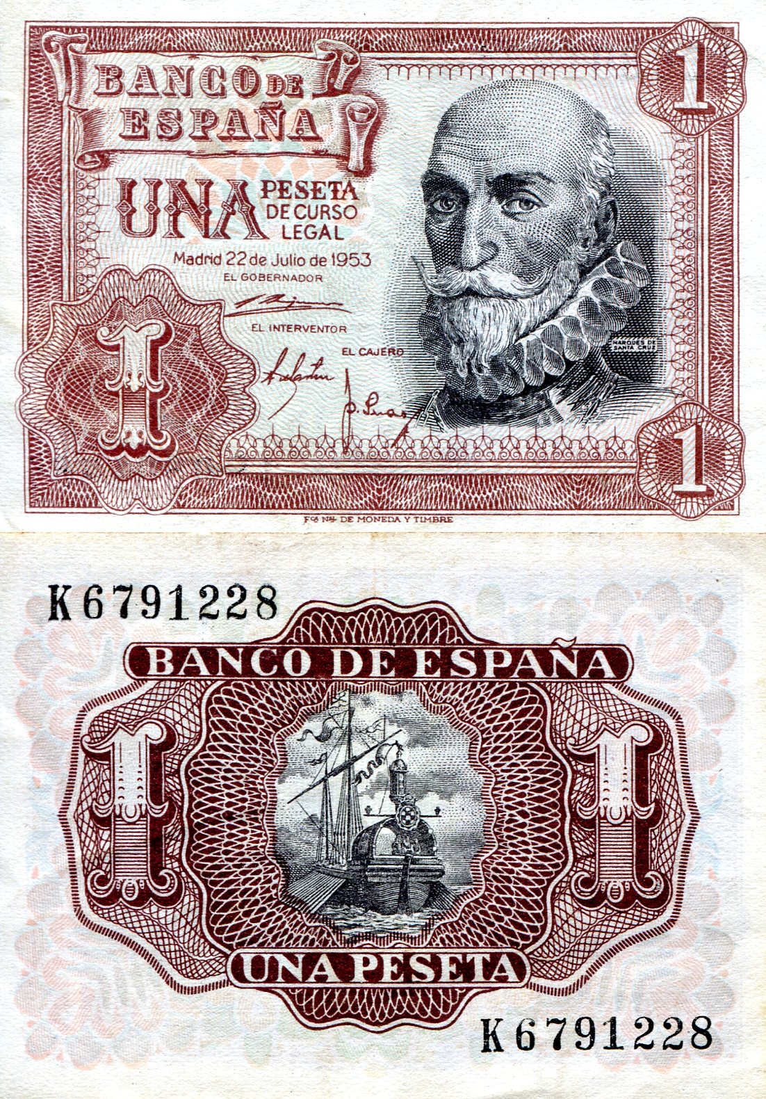 Spain 1 Pesetas VF (see large scan) pick #: 144