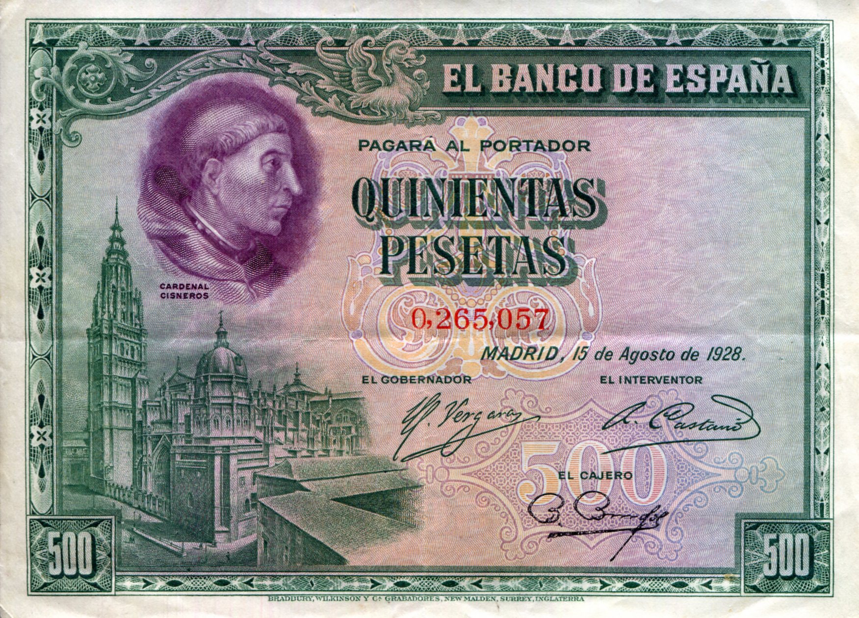 Spain 500 Pesetas XF/VF+ (see large scan) pick #: 77a