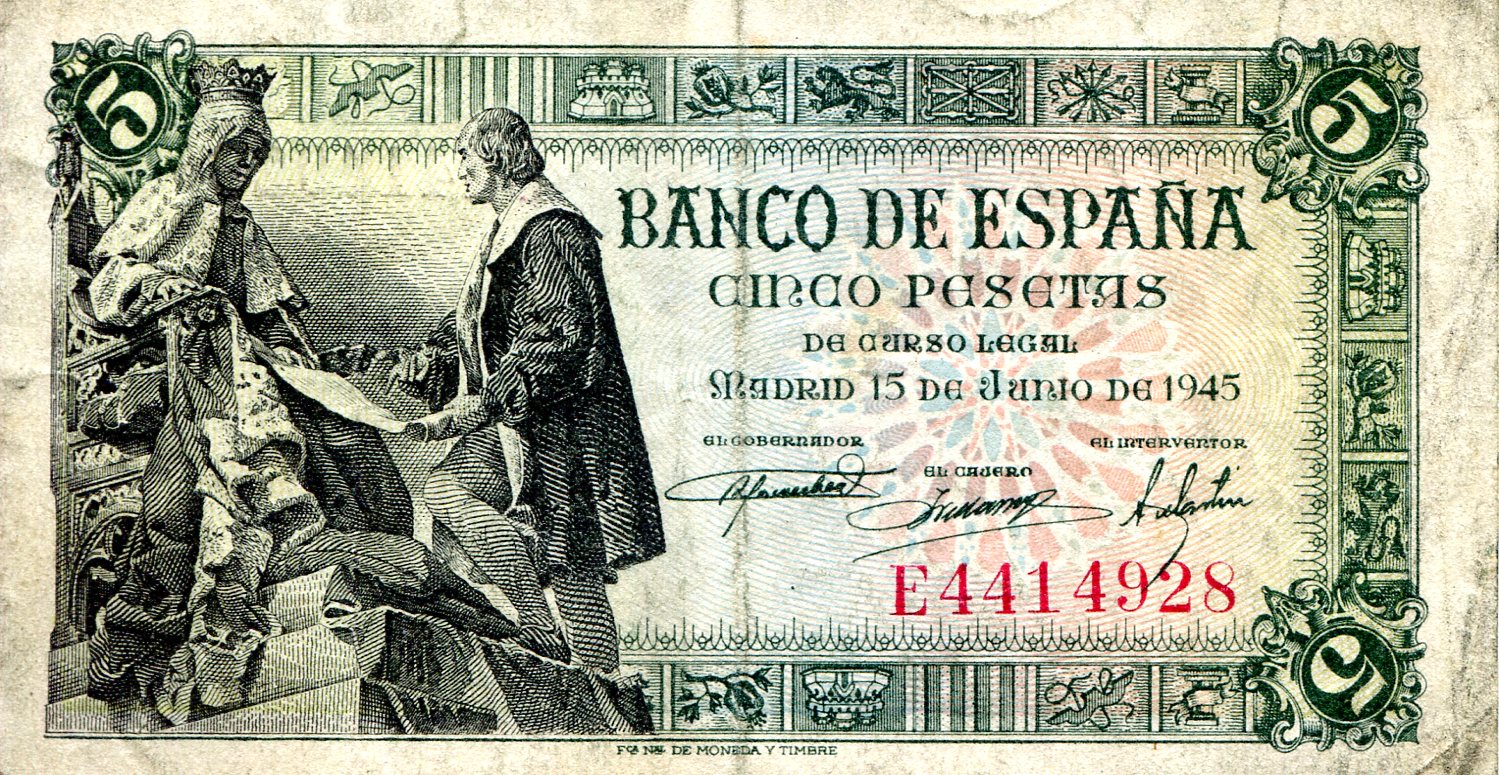 Spain 5 Pesetas F (see large scan) pick #: 129
