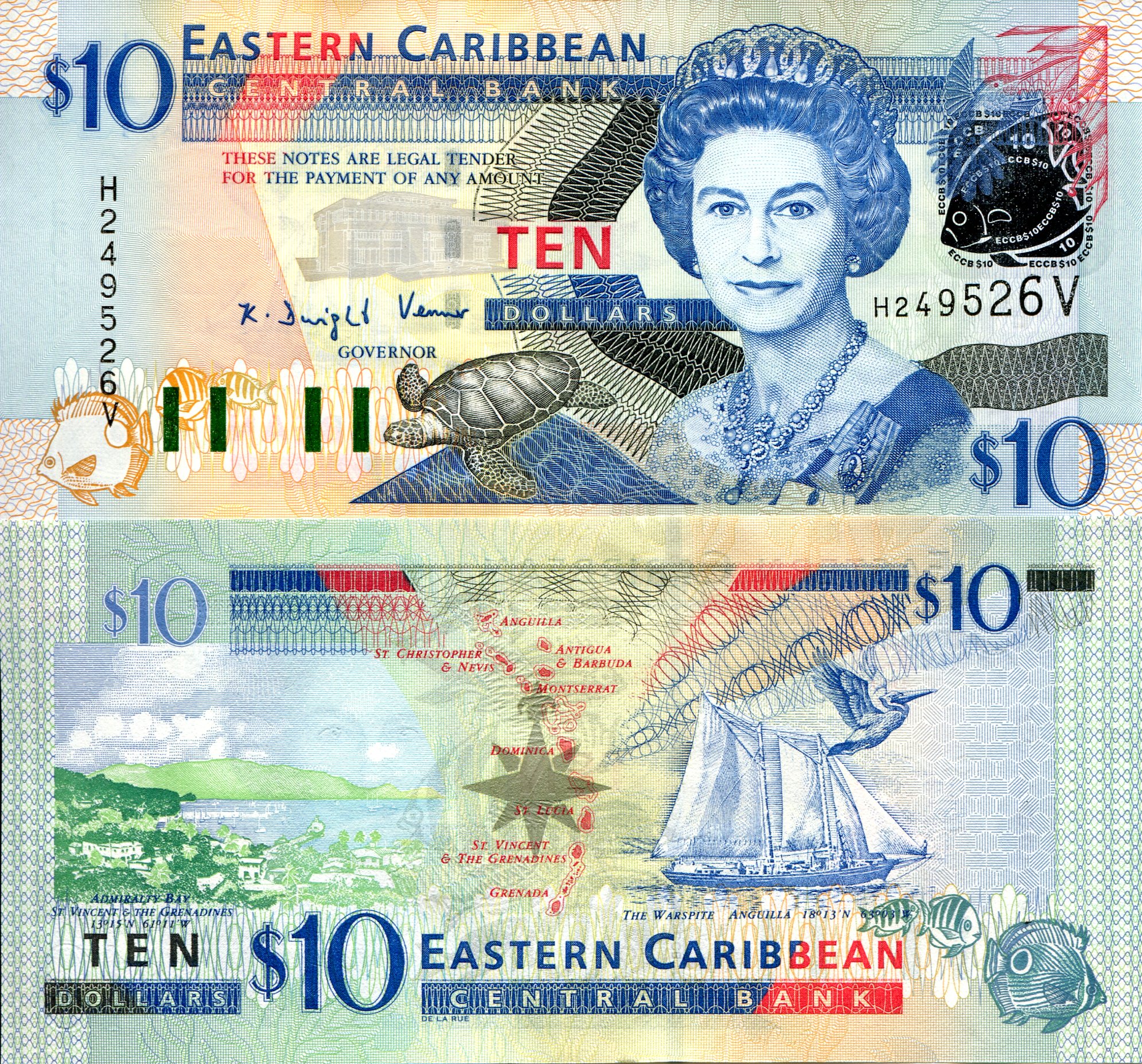 Saint Vincent and the Grenadines 10 Dollars UNC pick #: 43V
