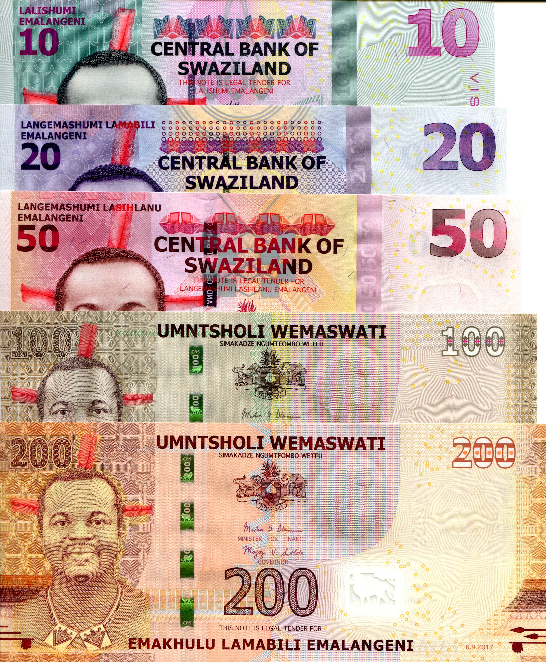 Swaziland  10 - 200 Emalangeni UNC pick #: 37,38,41,42,43