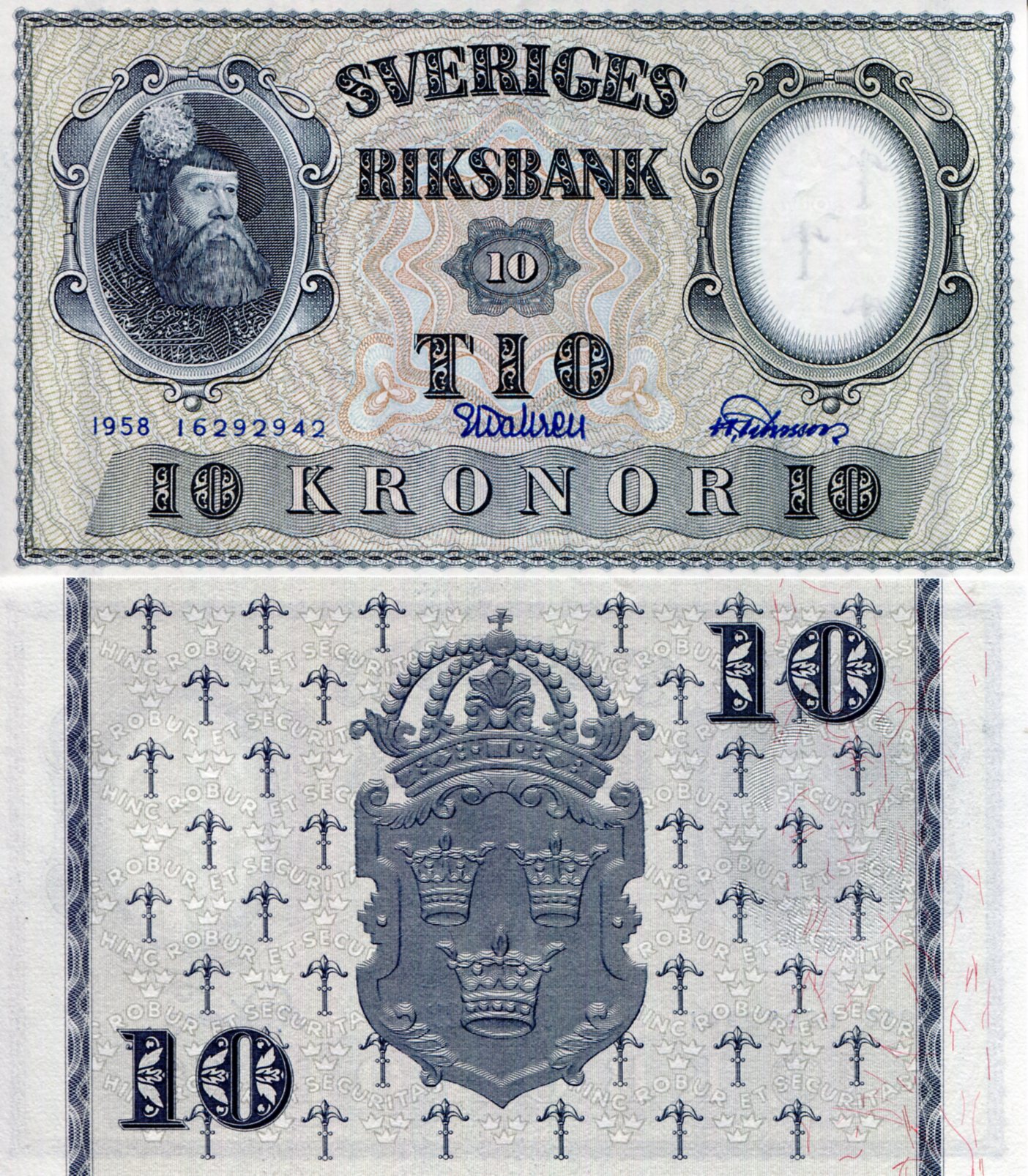 Sweden 10 Kronor aUNC (minor corner issue) pick #: 43f
