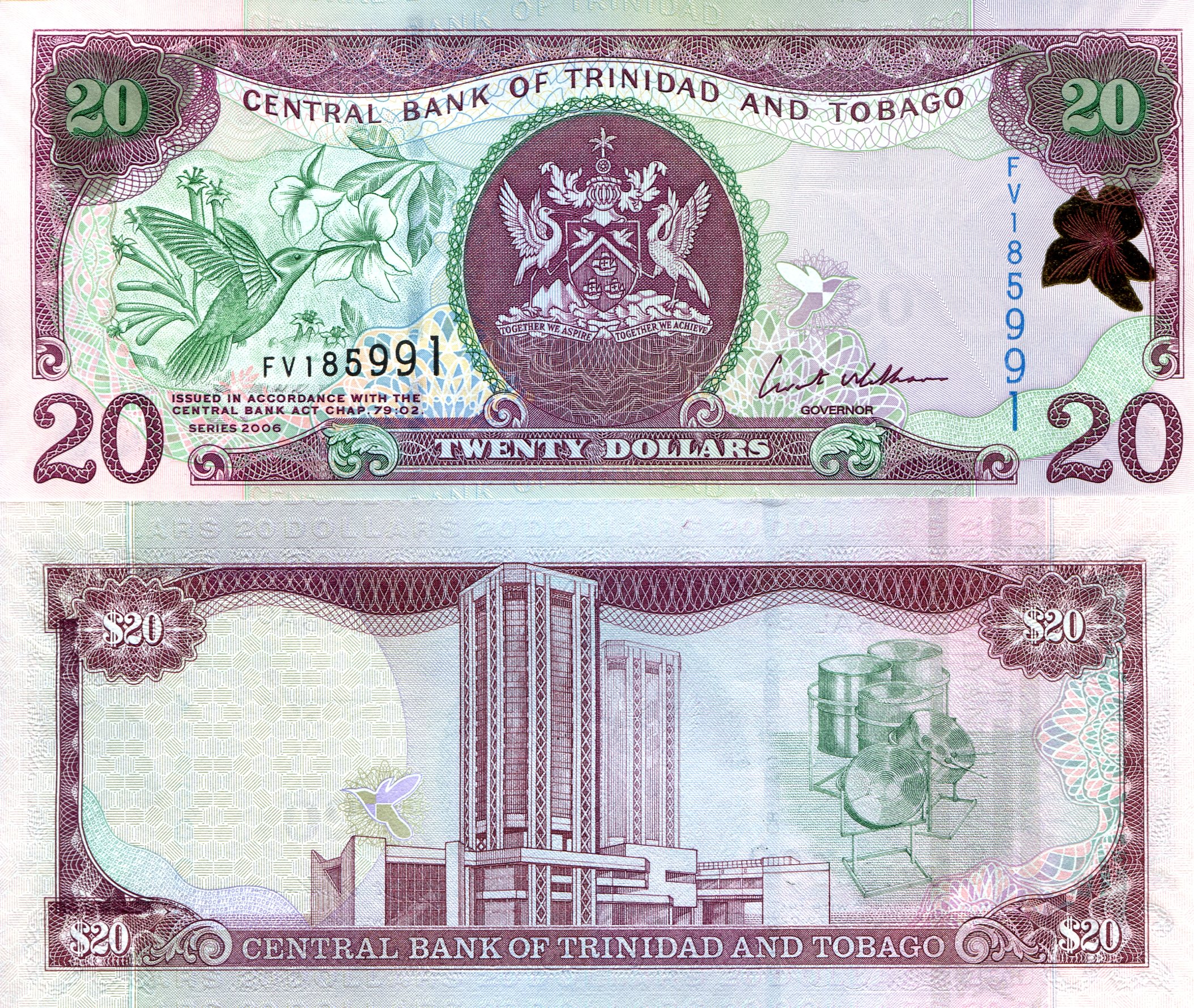 Trinidad and Tobago 20 Dollars aUNC (RH Edge crinkle cut fault) pick #: 49a