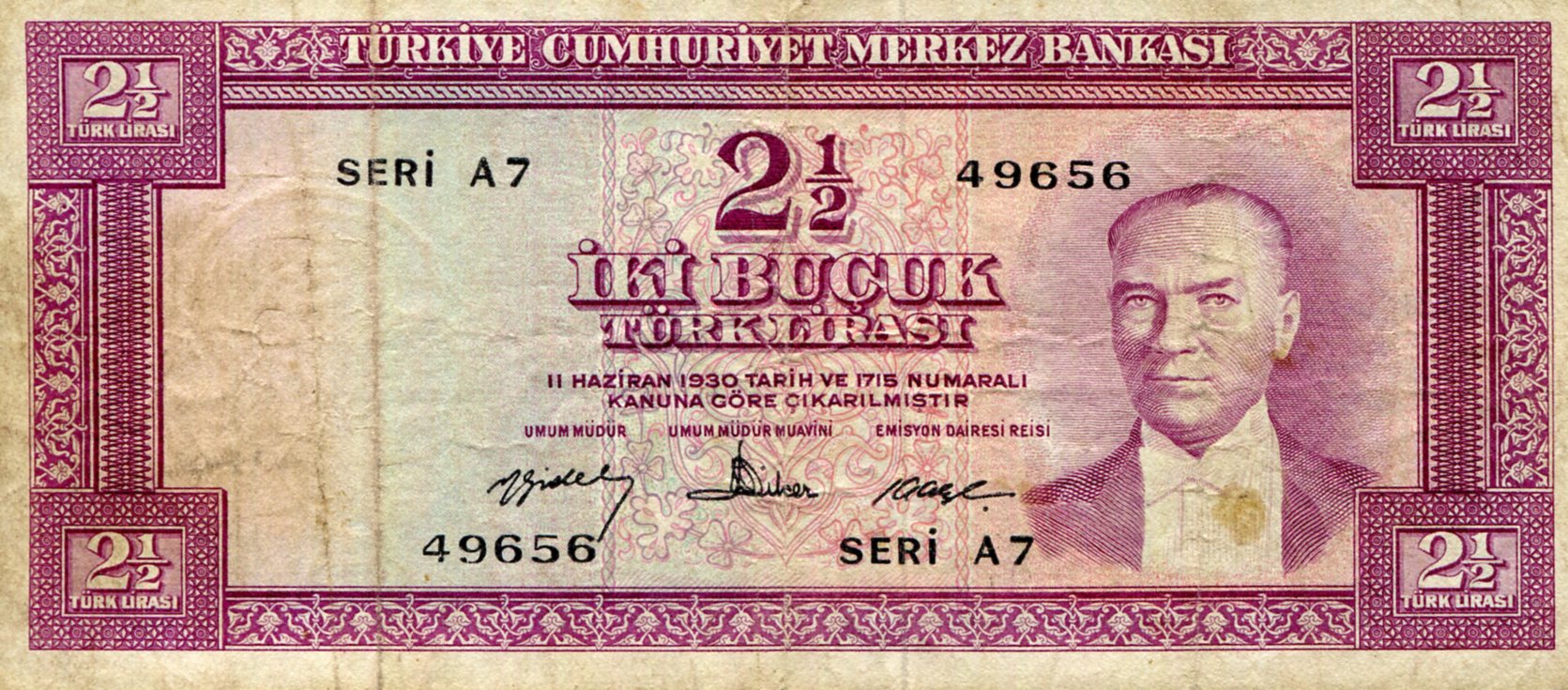 Turkey 2 1/2 Lirasi VG (See large scan) pick #: 153a