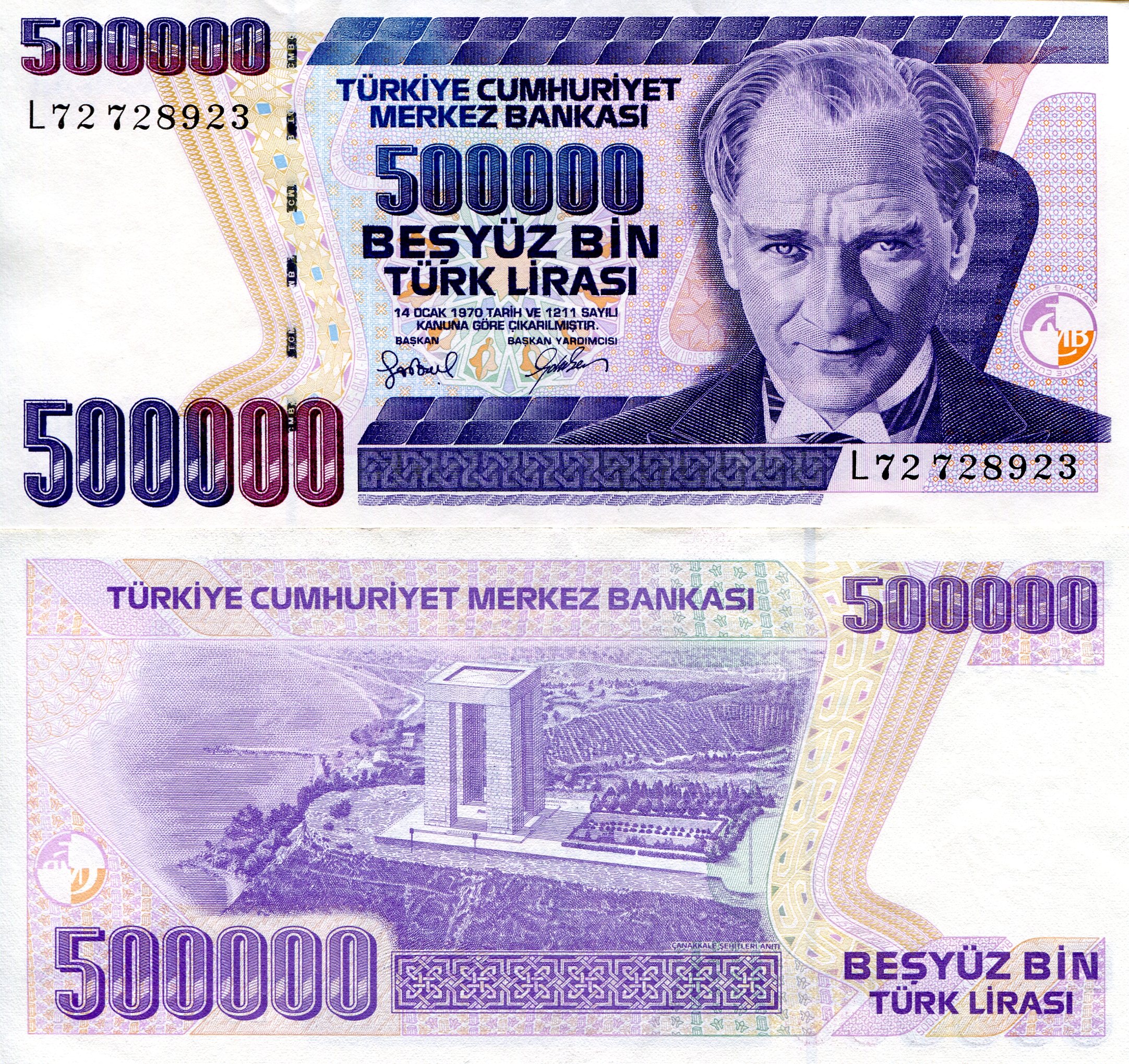 Turkey 500,000 Lira XF (see scan) pick #: 212