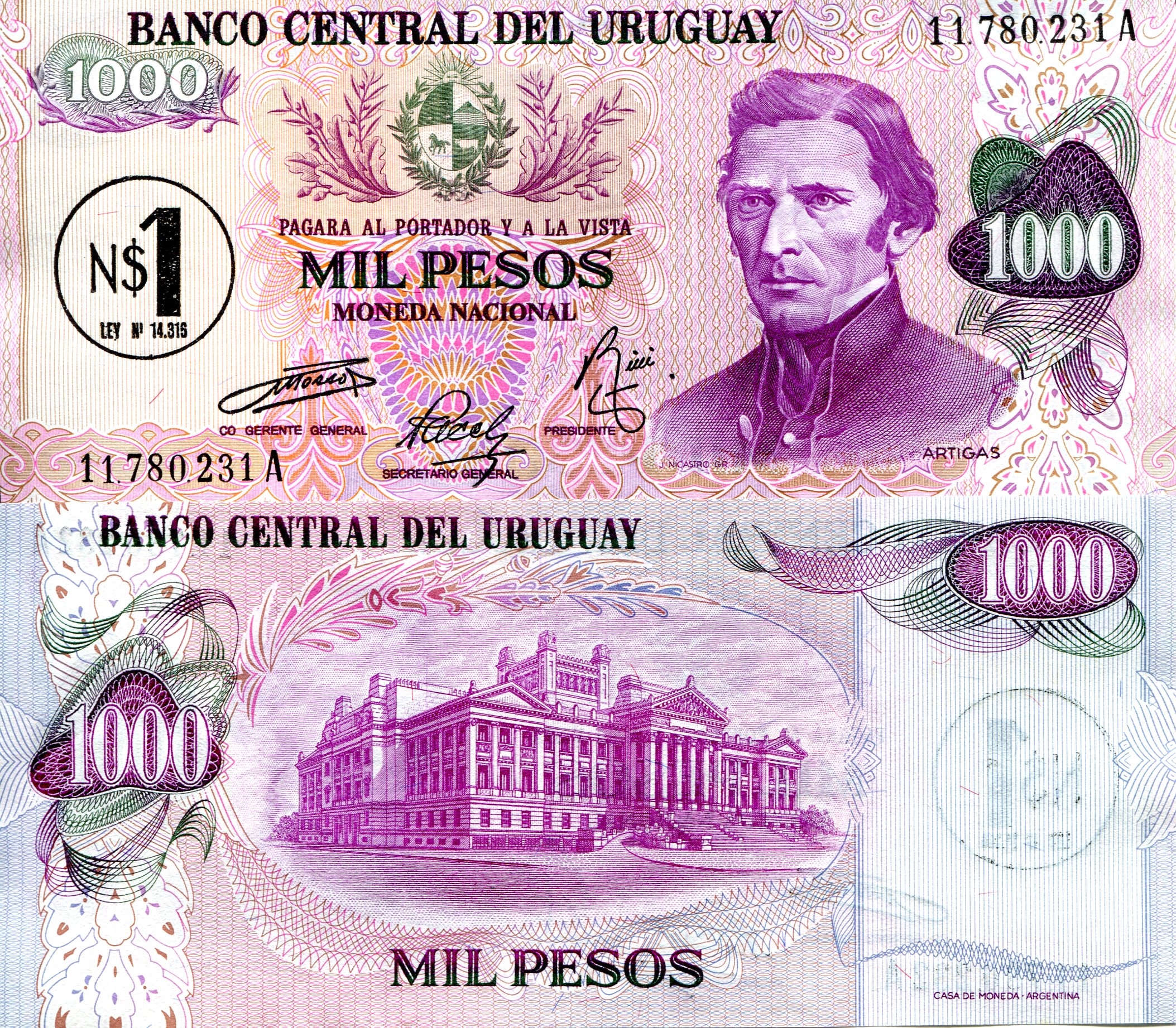 Uruguay  1 Peso UNC pick #: 56