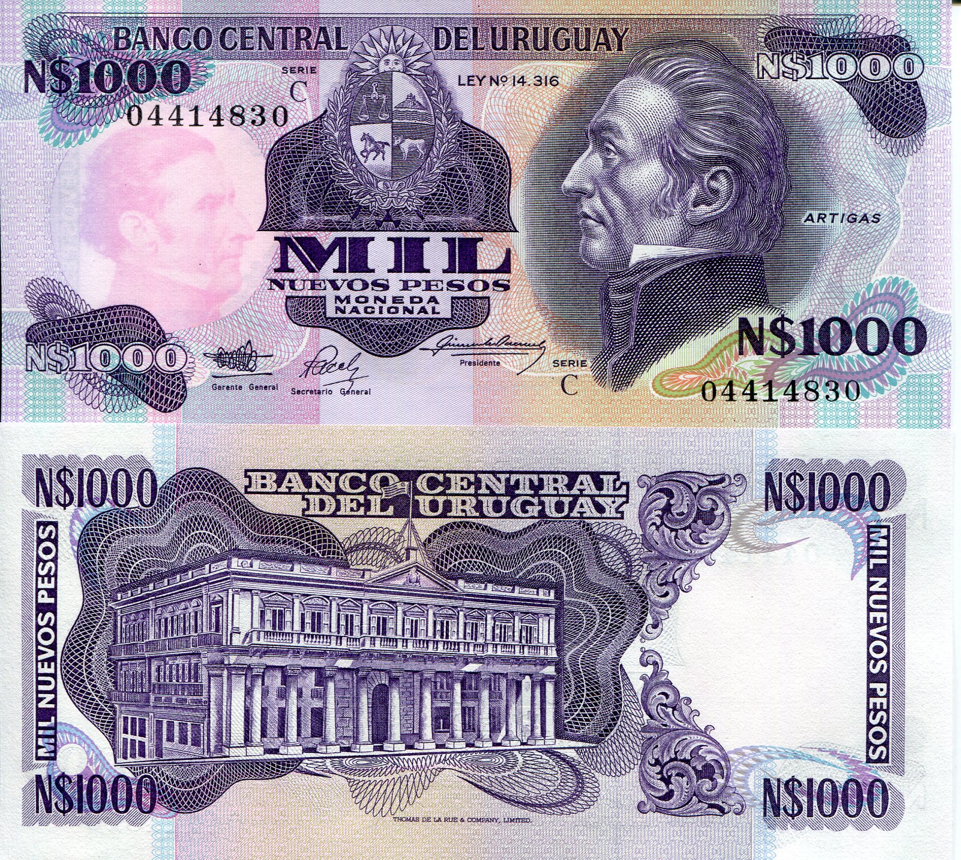 Uruguay  1,000 Pesos UNC pick #: 64Aa