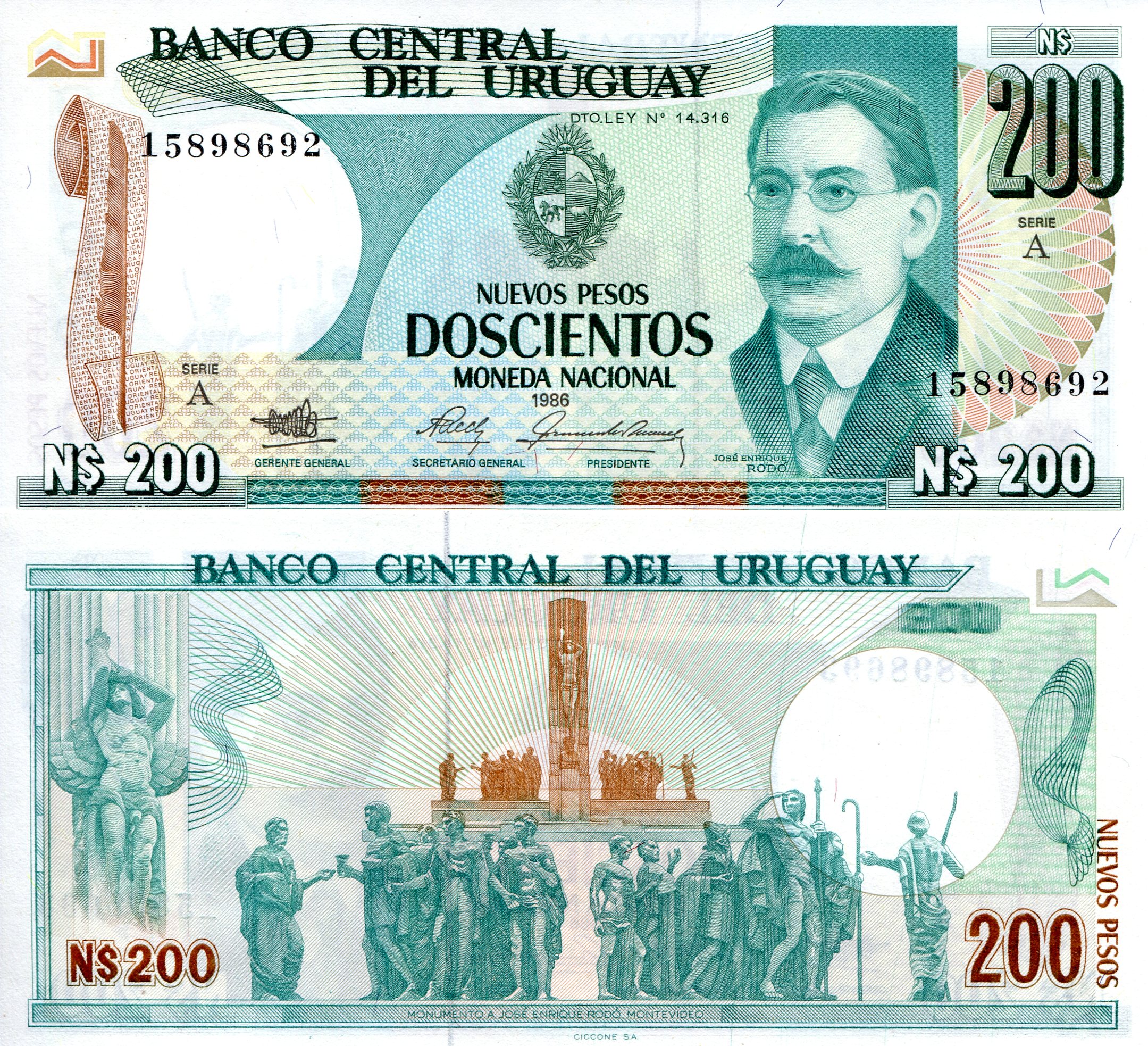 Uruguay  200 Pesos UNC pick #: 66a