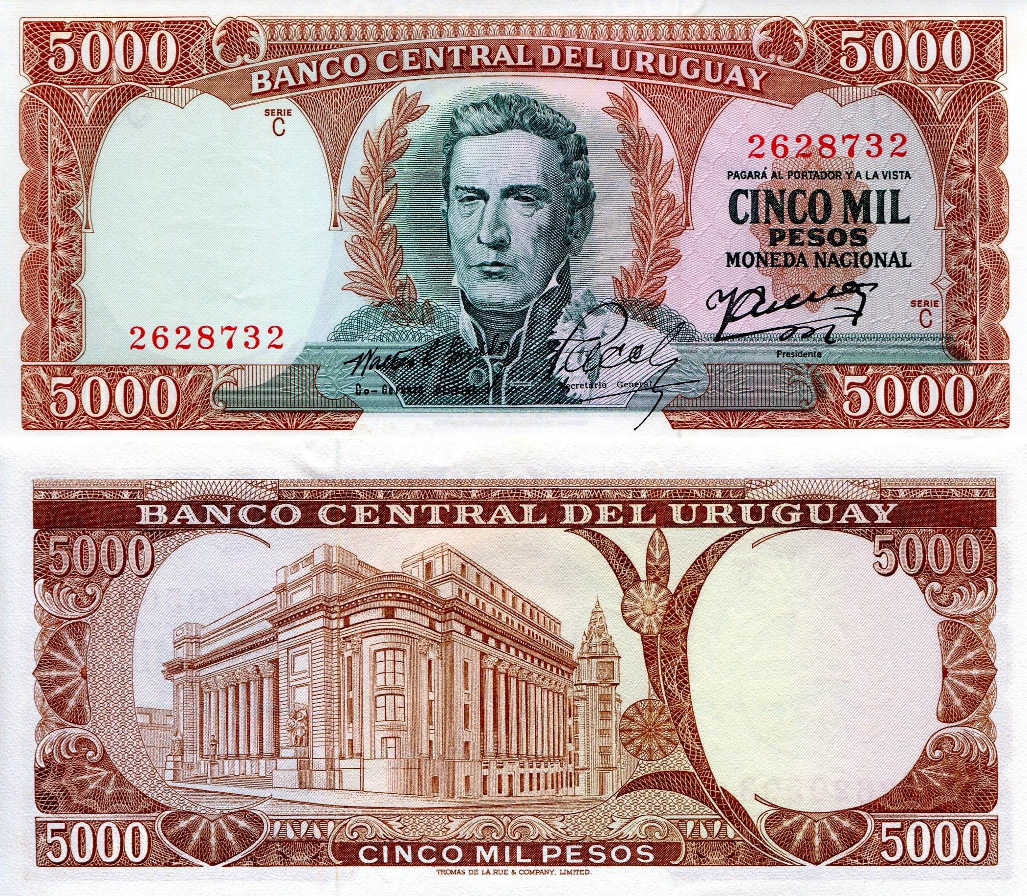 Uruguay  5,000 Pesos UNC pick #: 50b