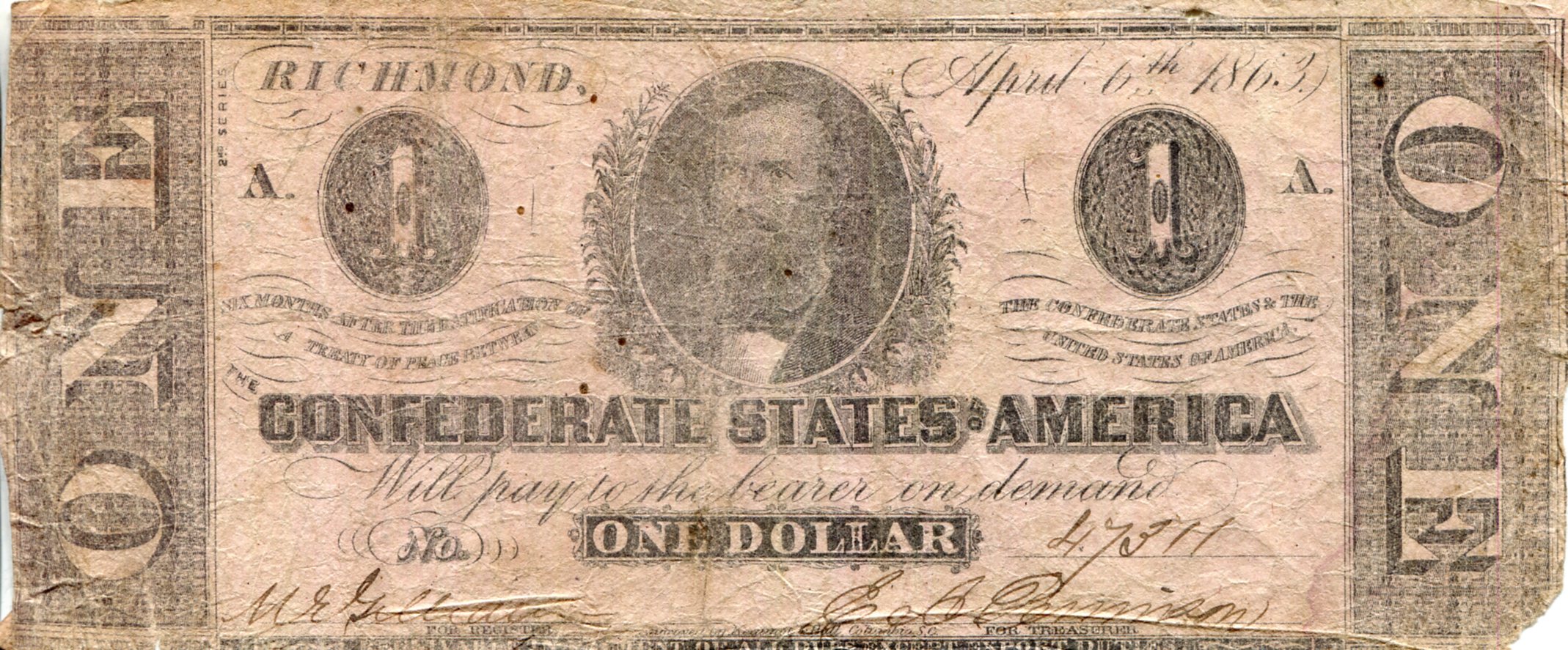 USA - Confederate 1 Dollar Poor (delicate paper - see large scan) pick #: NP
