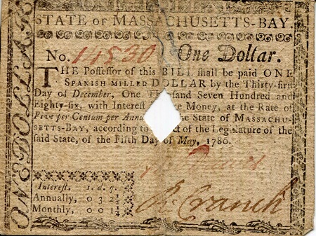 USA - Colonial 1 Dollar G (hole punch in middle) pick #: NP
