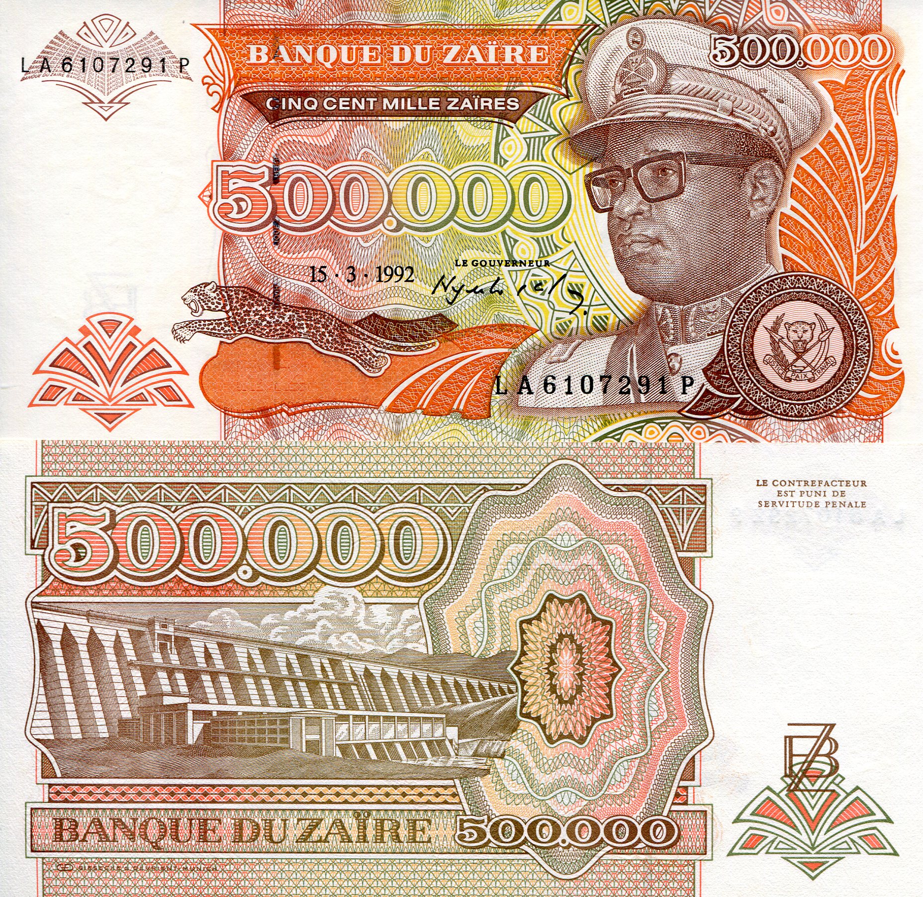 Zaire 500,000 Zaires UNC pick #: 43