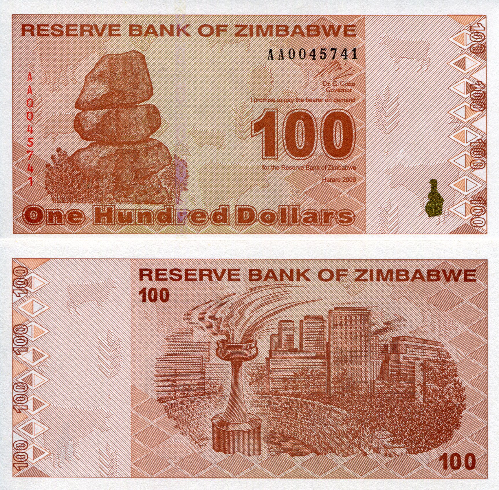 Zimbabwe 100 Dollars aUNC (small corner issues) pick #: 97