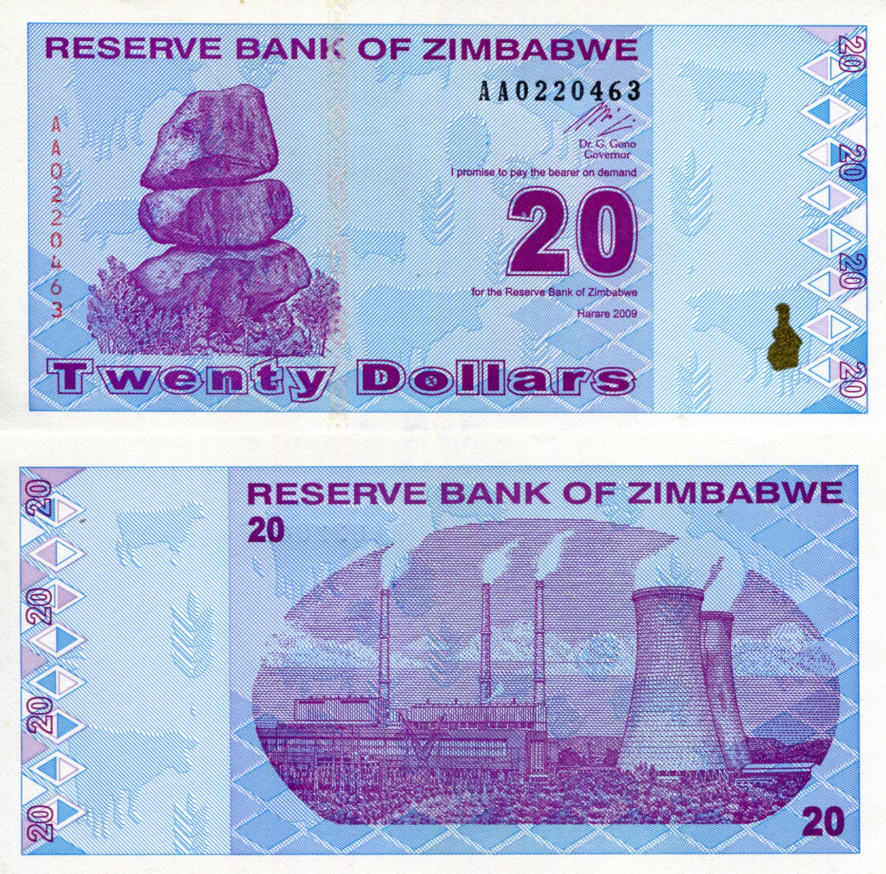Zimbabwe 20 Dollars XF (small ink stains) pick #: 95a