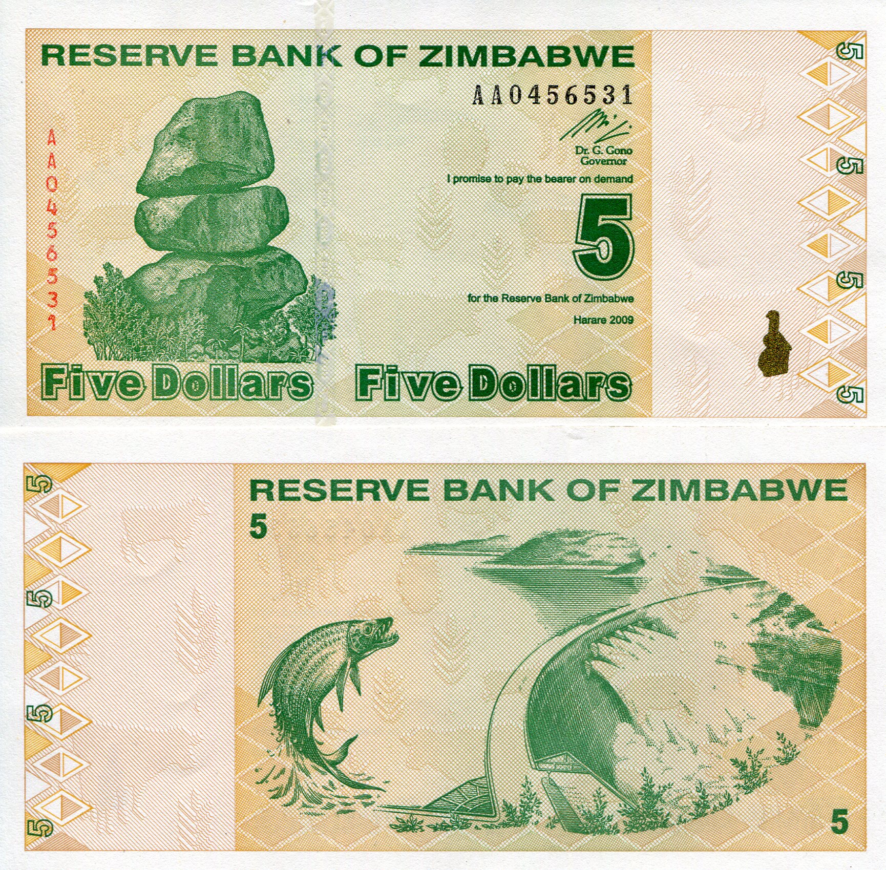 Zimbabwe 5 Dollars aUNC pick #: 93