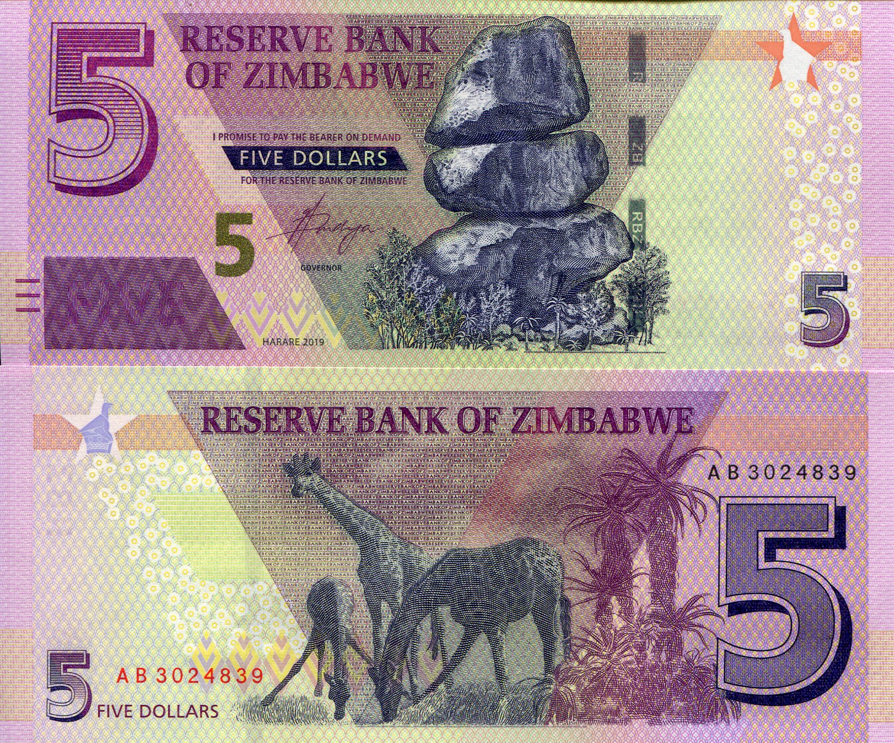 Zimbabwe 5 Dollars UNC pick #: New