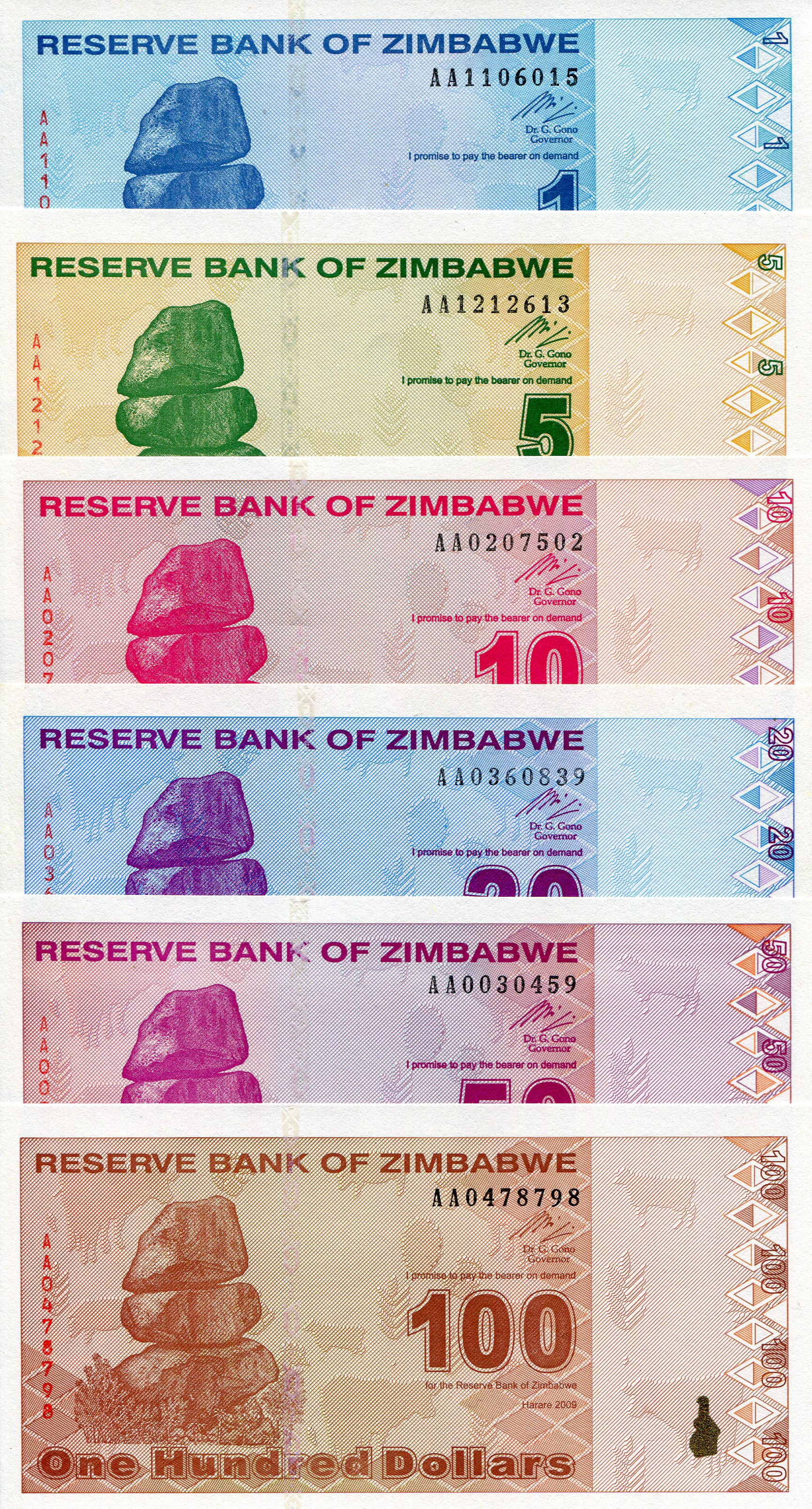 Zimbabwe 1 - 100 Dollars aUNC (minor corner issue) pick #: 92 - 97
