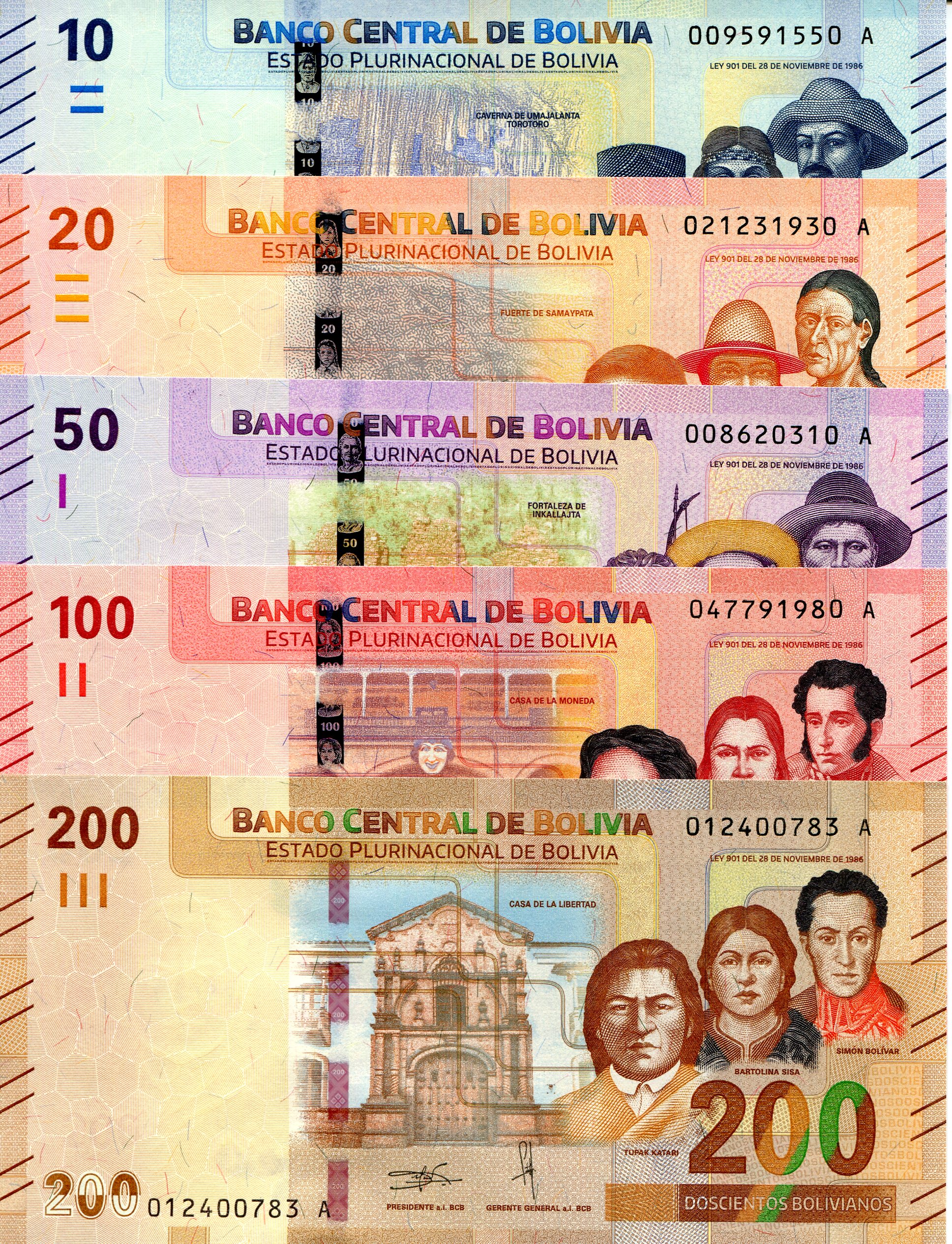 Bolivia  10 - 200 Bolivianos UNC pick #: New