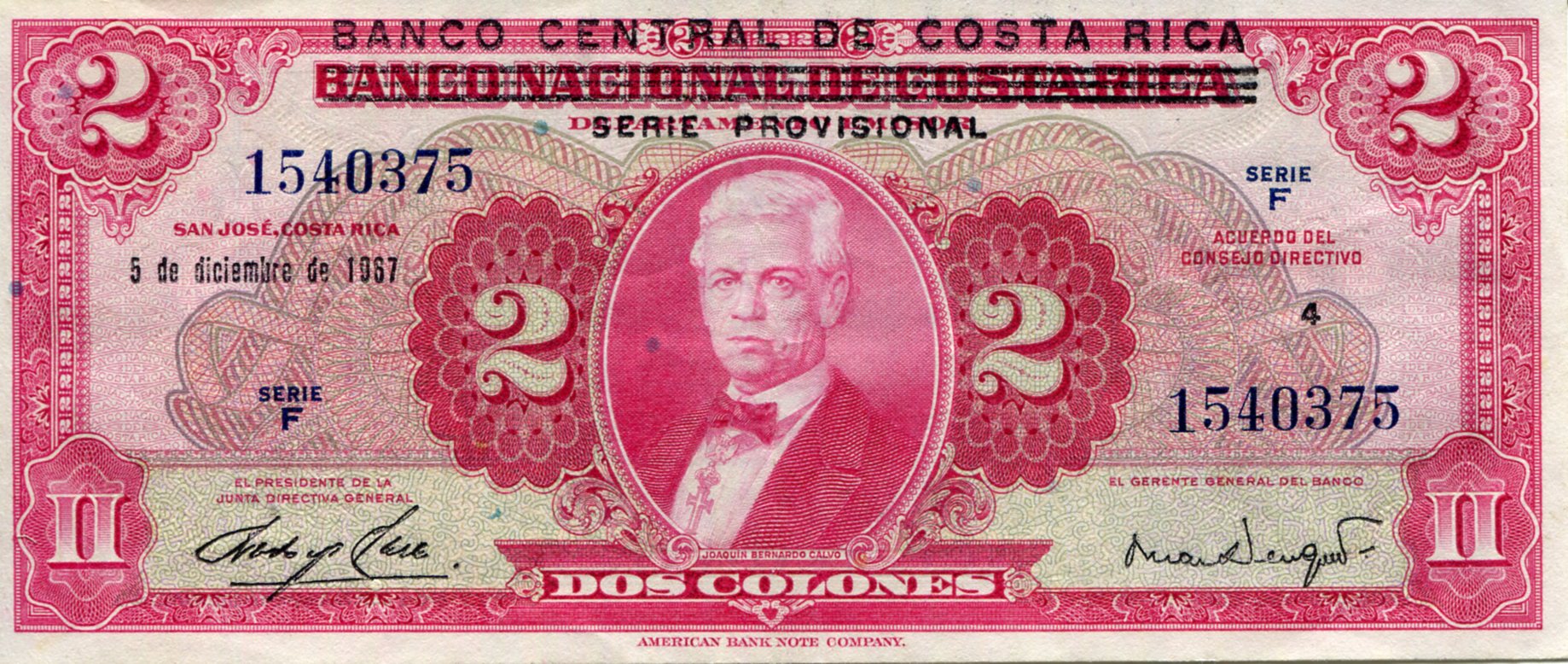 Costa Rica  2 Colones XF (see large scan) pick #: 235a