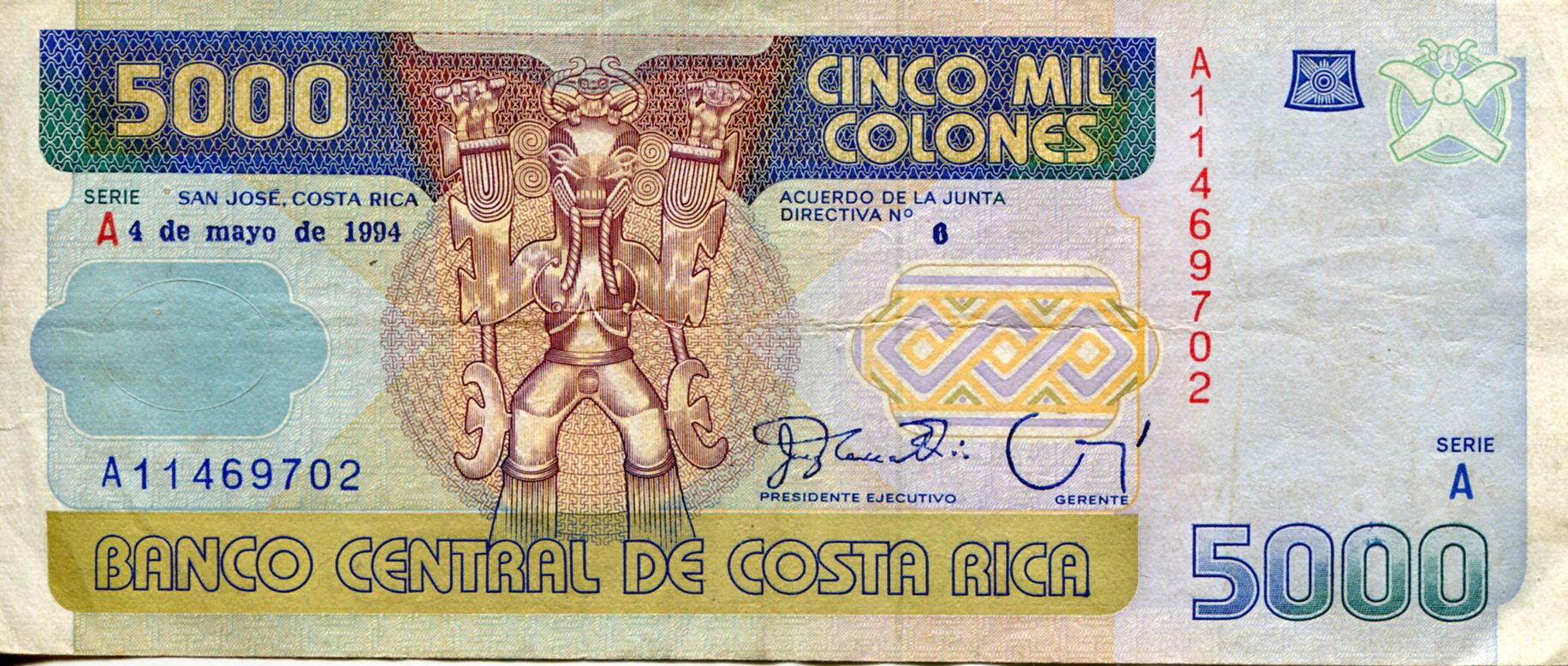 Costa Rica  5,000 Colones F (See large scan) pick #: 260e