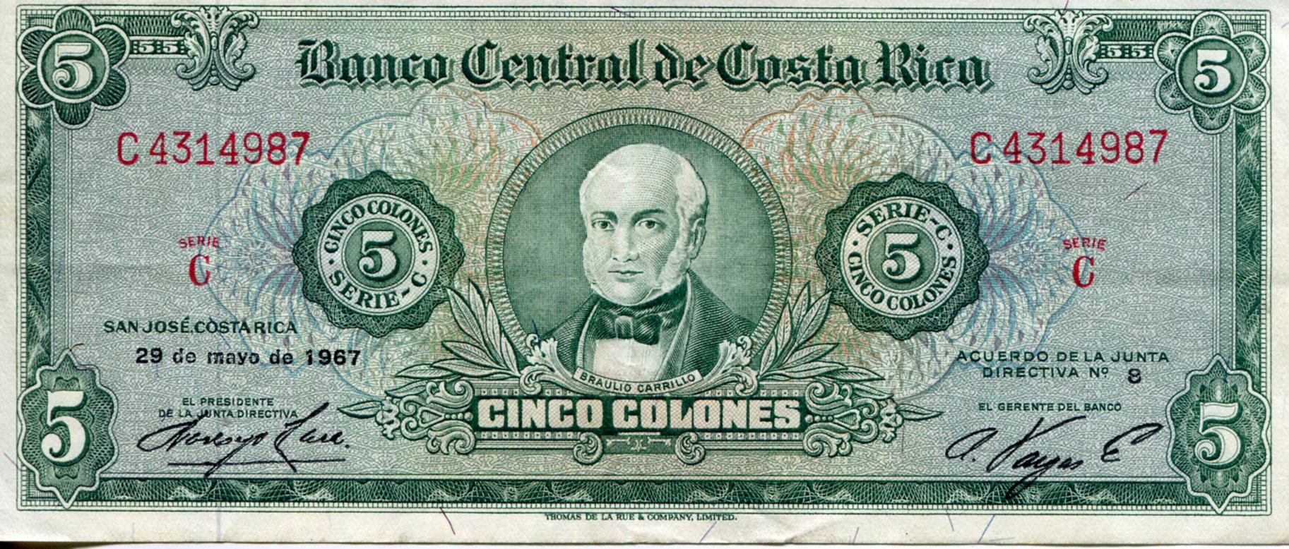 Costa Rica  5 Colones VF+ (see large scan) pick #: 228f