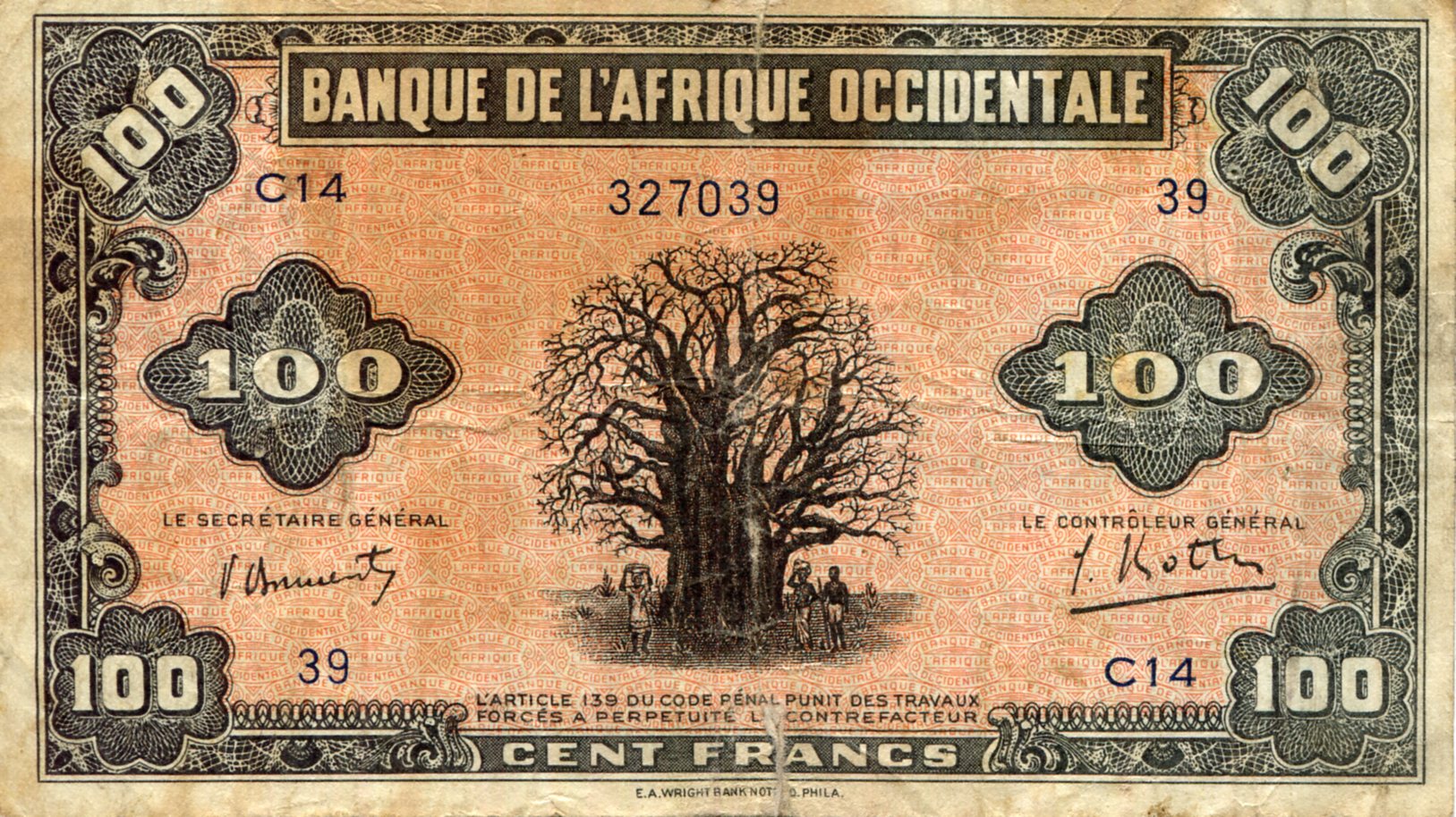 French West Africa  100 Francs VG (See large scan) pinholes pick #: 31a