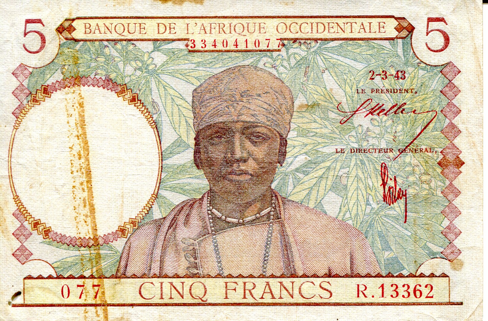 French West Africa  5 Francs VF/F (small hole - see scan) pick #: 26a