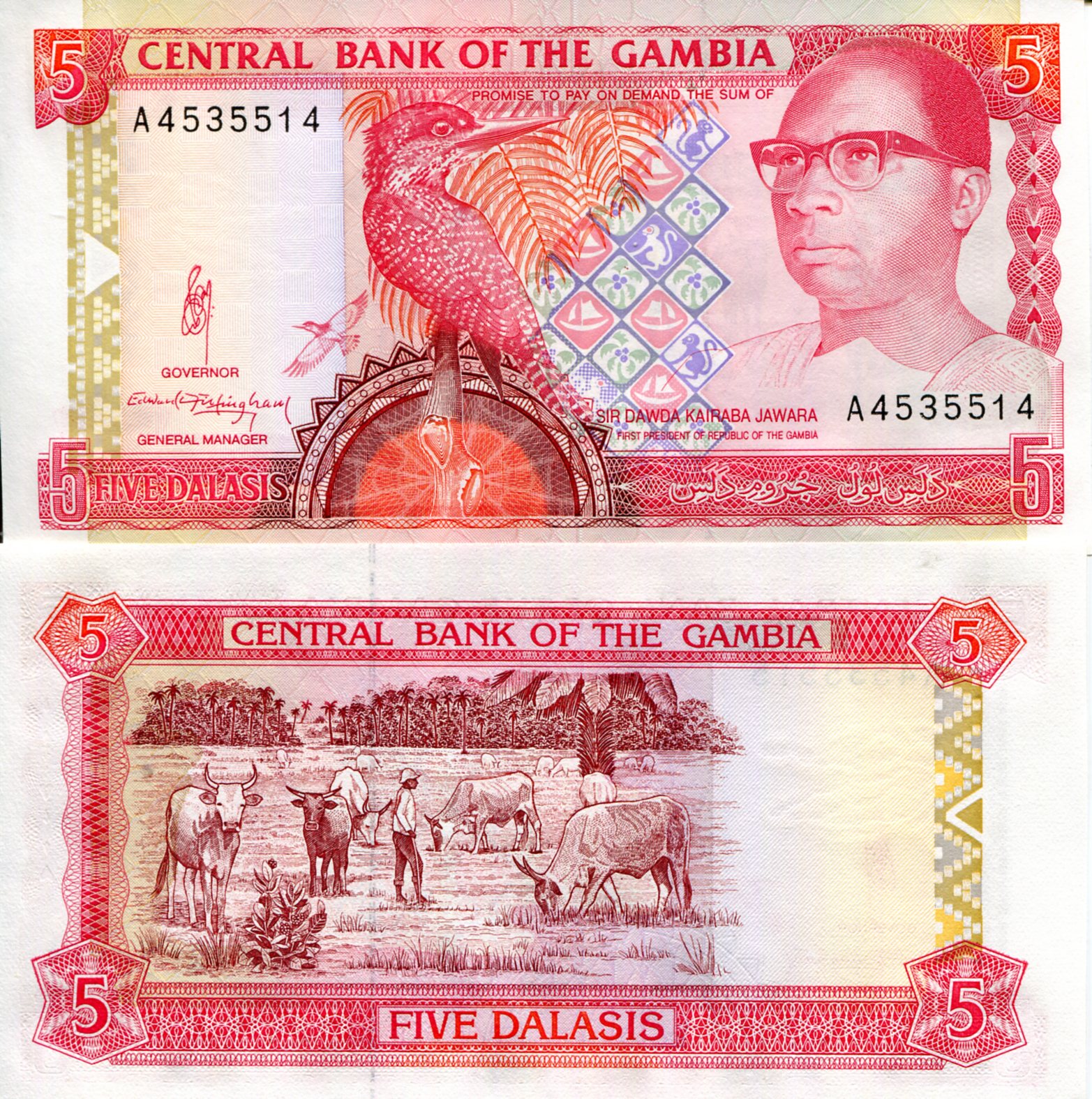 Gambia 5 Dalasi UNC pick #: 12a