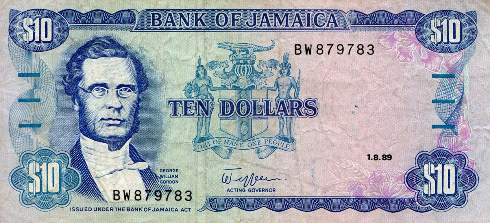 Jamaica 10 Dollar F (See large scan) pick #: 71d