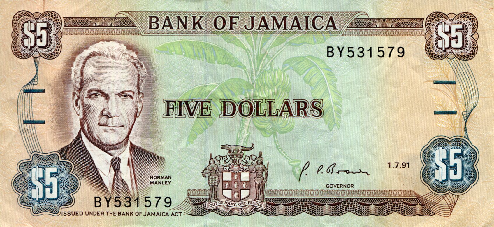 Jamaica 5 Dollars VF (See Large Scan)  pick #: 70d