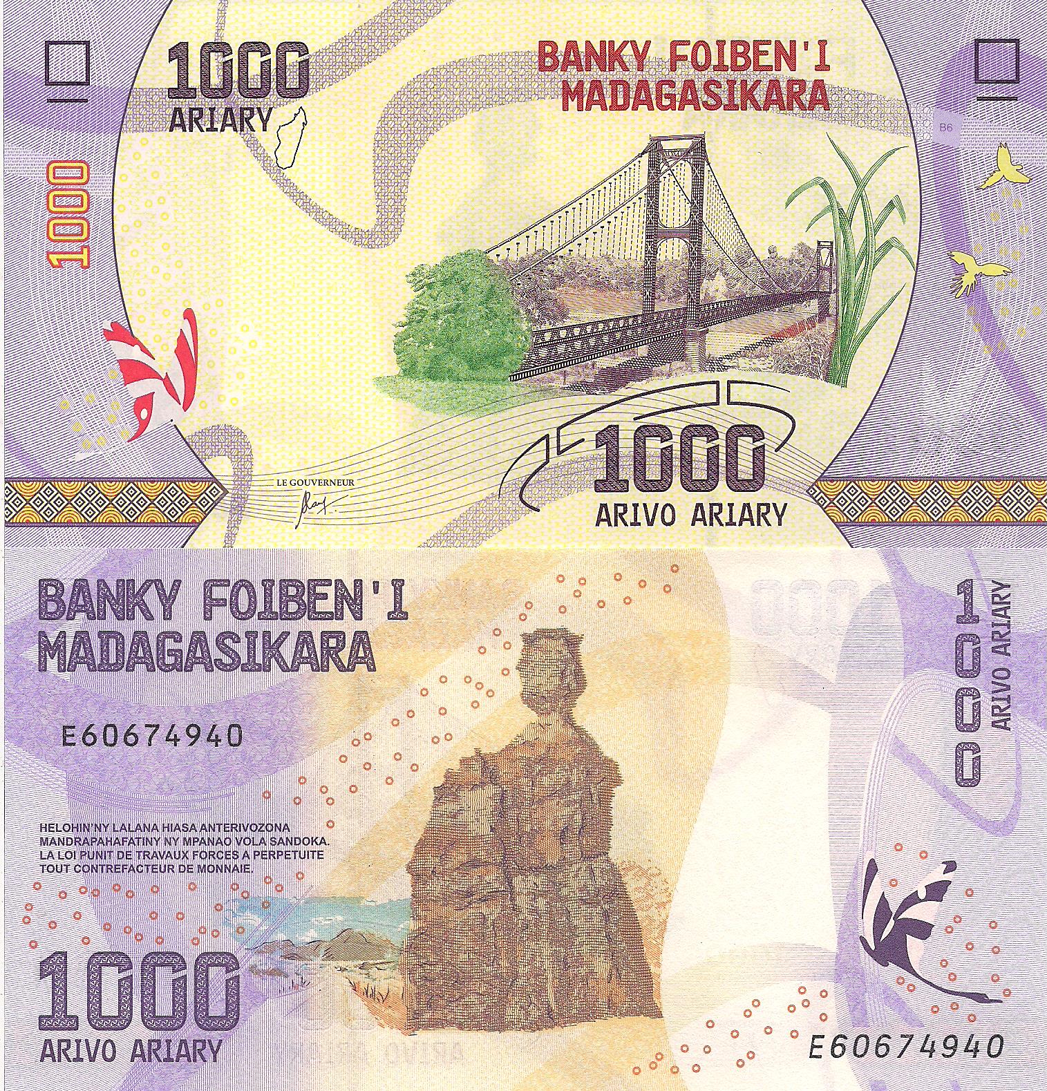 Madagascar 1,000 Ariary UNC pick #: 100