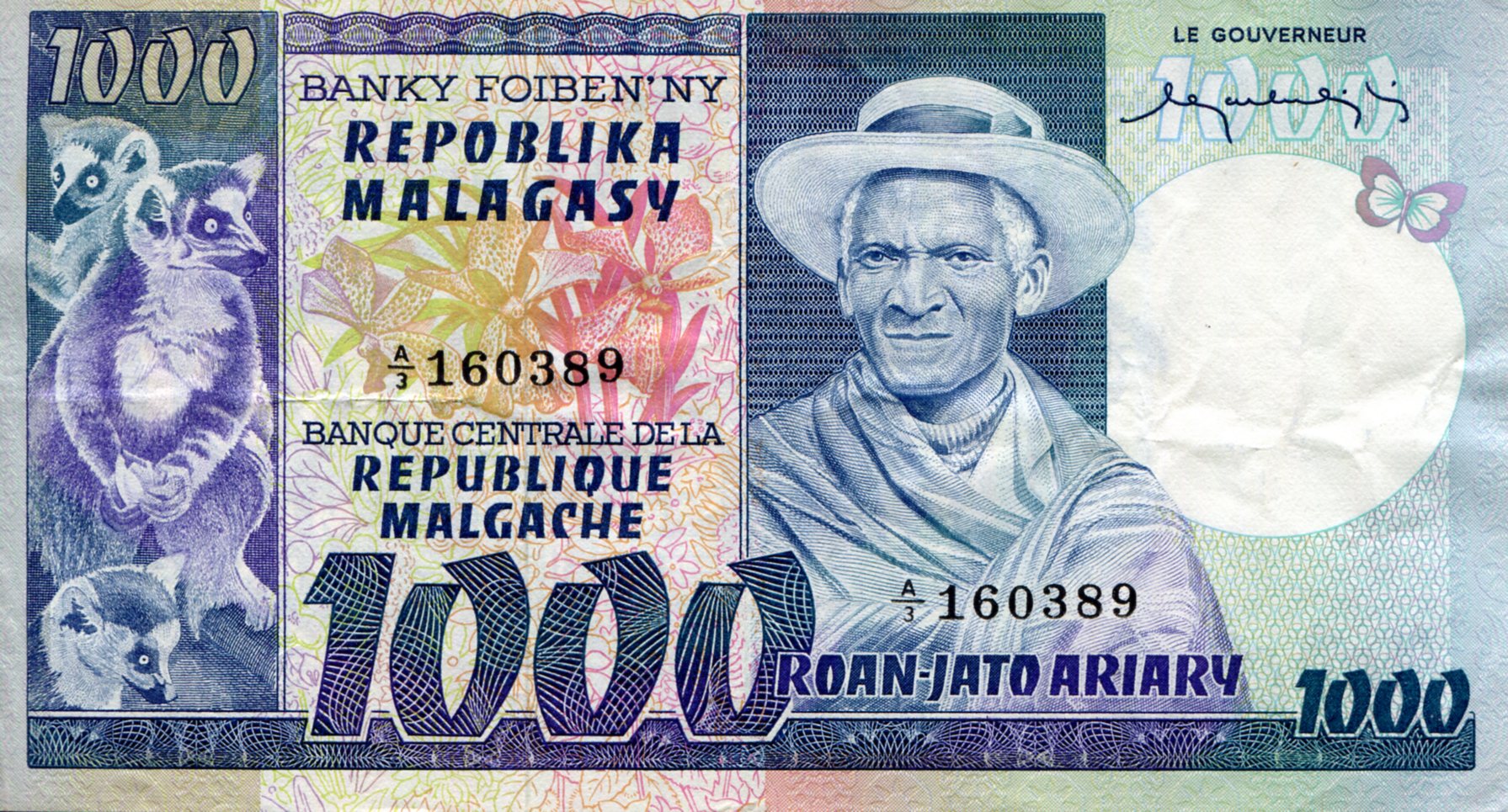 Madagascar 1,000 Francs XF/VF+ (see large scan) pick #: 65