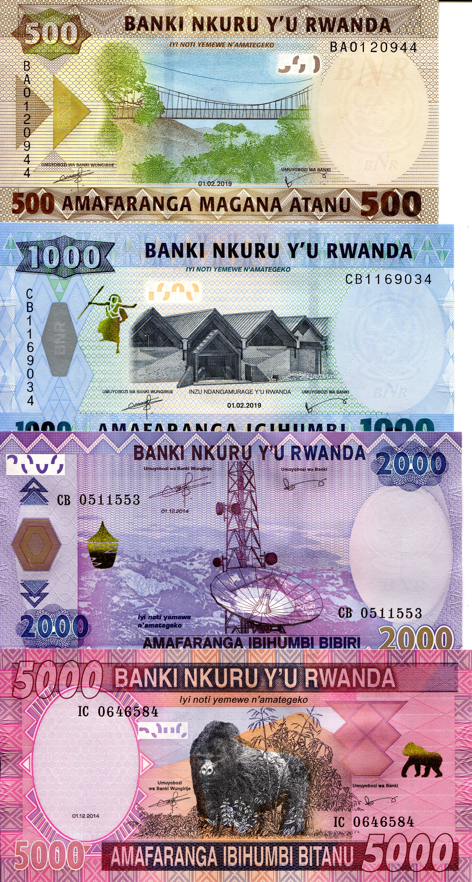 Rwanda 500 - 5,000 Francs UNC pick #: Varies