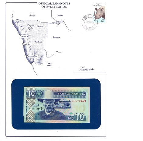 Namibia 10 Dollars Pick Number: NP - 3 Note looks UNC - Envelope has wear Banknote