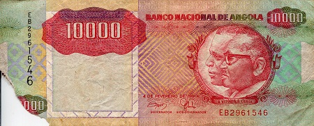 Angola 10,000 Kwanzas Pick Number: 131a Poor (See scan - missing edge) Banknote