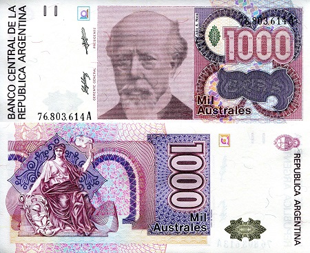 Argentina  1,000 Australes Pick Number: 329a UNC Banknote
