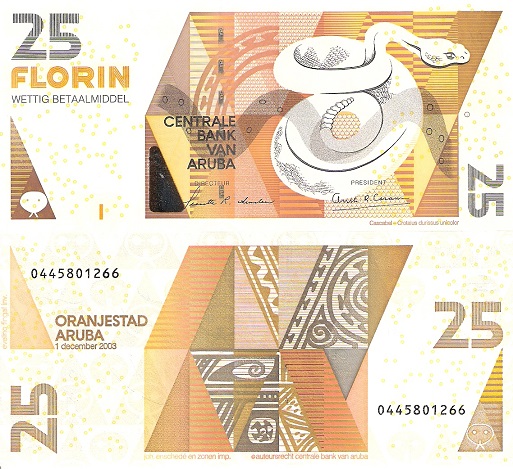 Aruba 25 Florin Pick Number: 17a UNC Banknote