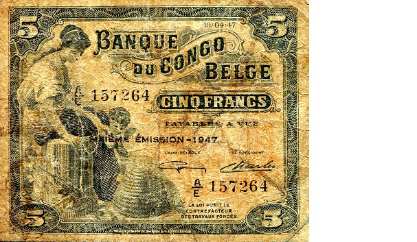 Belgian Congo 5 Francs Pick Number: 13Ad VF/F (see scan) Banknote