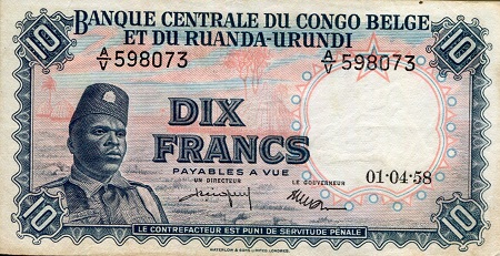 Belgian Congo 10 Francs Pick Number: 30b VF/F (see large scans) Banknote