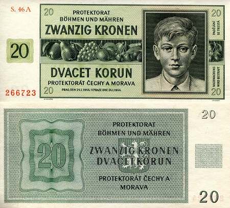 Bohemia & Moravia 20 Korun Pick Number: 9a UNC Banknote
