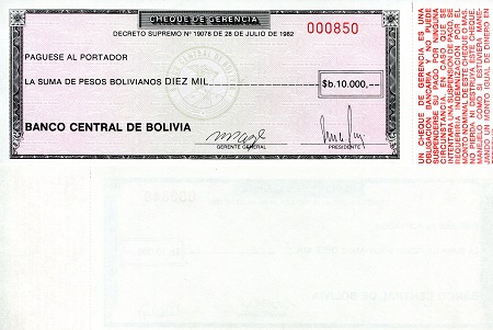 Bolivia  10,000 Bolivianos Pick Number: 173 UNC Banknote
